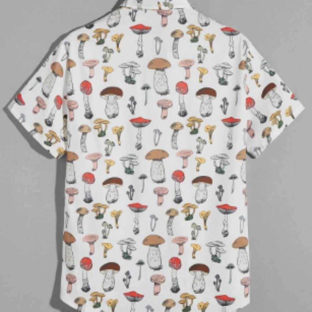 Romwe Street Life Men Mushroom Print Button Front Curved Hem Shirt Size M New - Picture 2 of 5